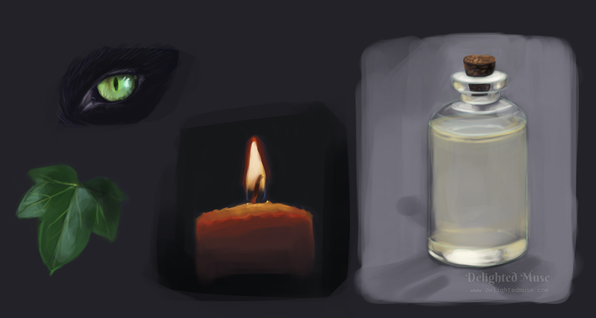 Digital painting studies of: a green cat eye, a candle flame, a potion bottle, and an ivy leaf