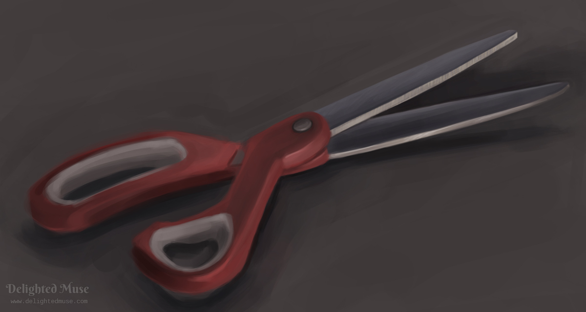 Digital painting of a pair of scissors with a red plastic handle