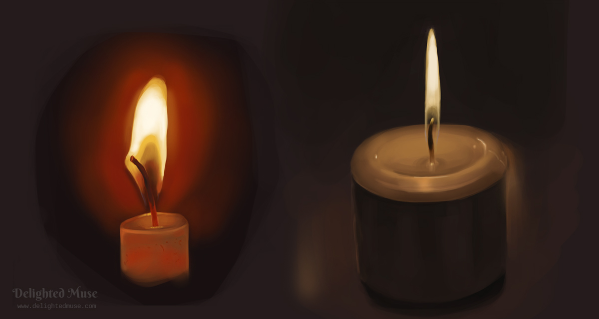 A digital painting of two candles alight in darkness