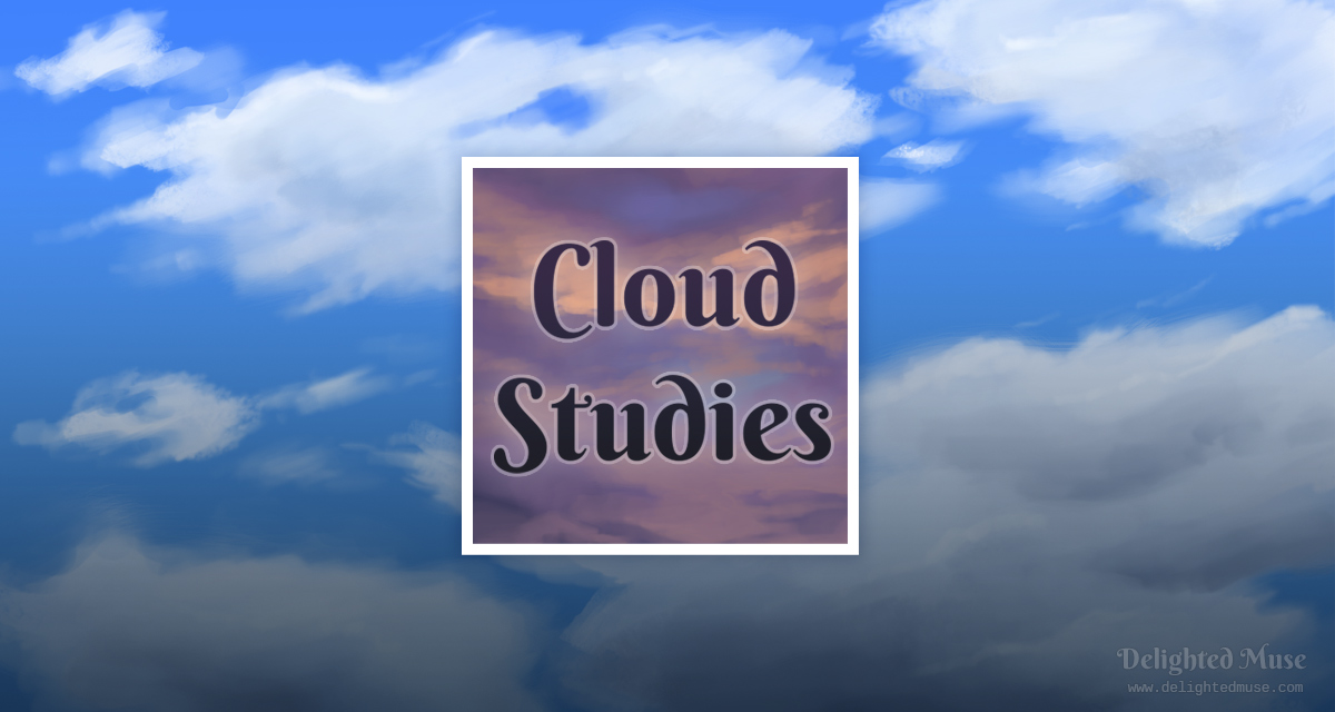 Two digital paintings of clouds and the words cloud studies