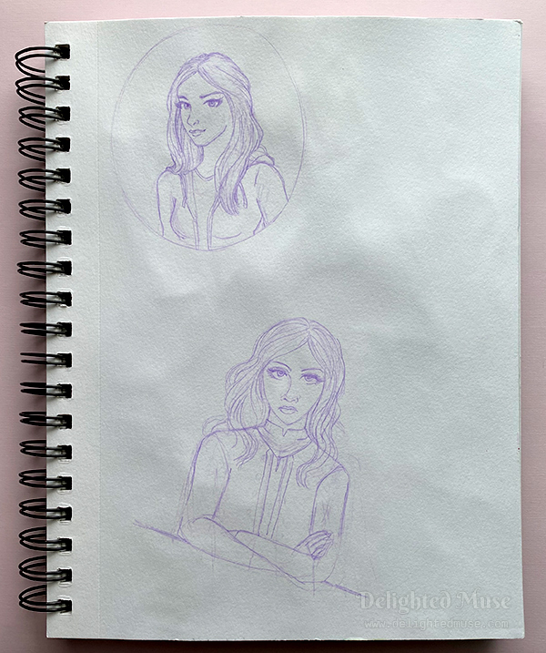 Sketchbook page with two purple pencil drawings of women
