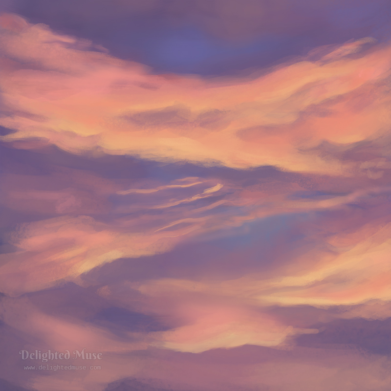 A digital painting of clouds at sunset, with orage and pink colors ontop of a dark purple sky
