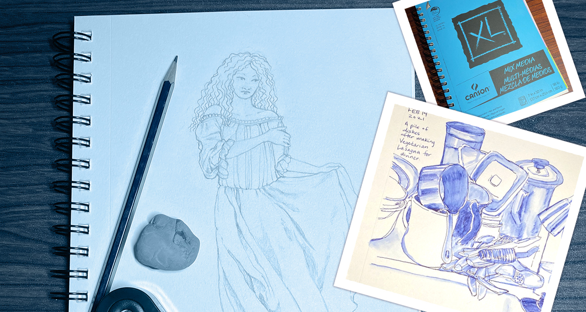 Photo collage of a sketch of a woman in a chemise, a blue sketchbook cover, and a drawing of a pile of dishes