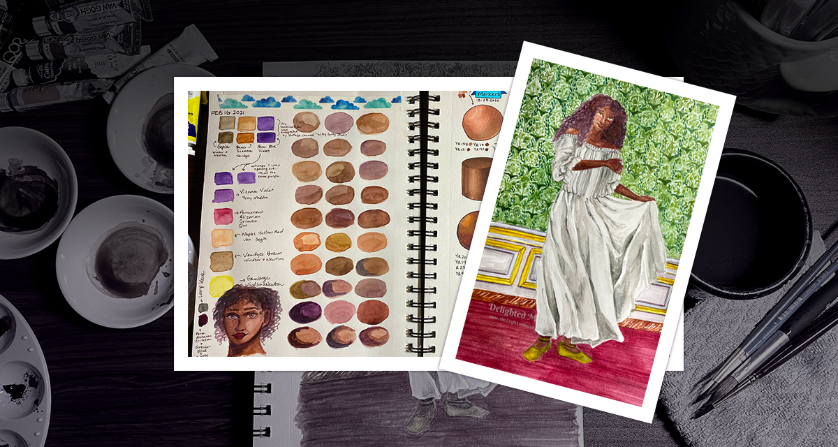 A painting of a black woman in a chemise and a sketchbook page of skintones swatched from watercolor mixes