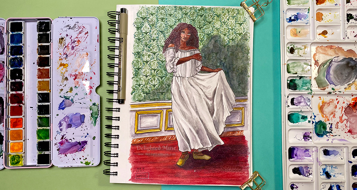 Sketchbook experiments: watercolor, colored pencil, and metallic