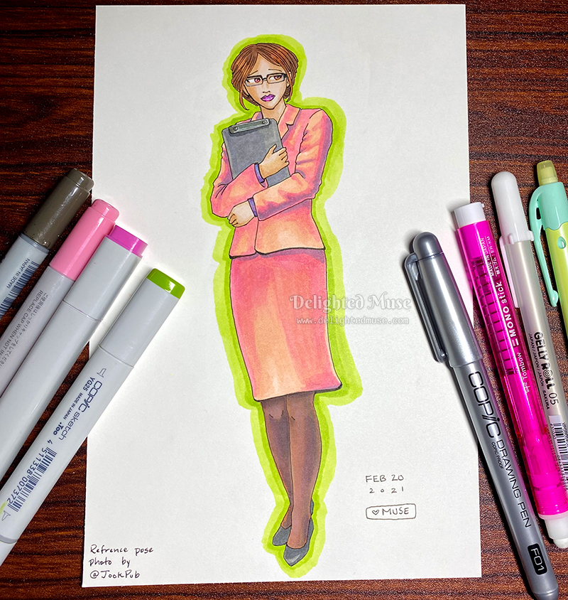 Stylized drawing of a woman in a pink suit holding a clip board and looking pensive. Art supplies of markers and pens surround the drawing.