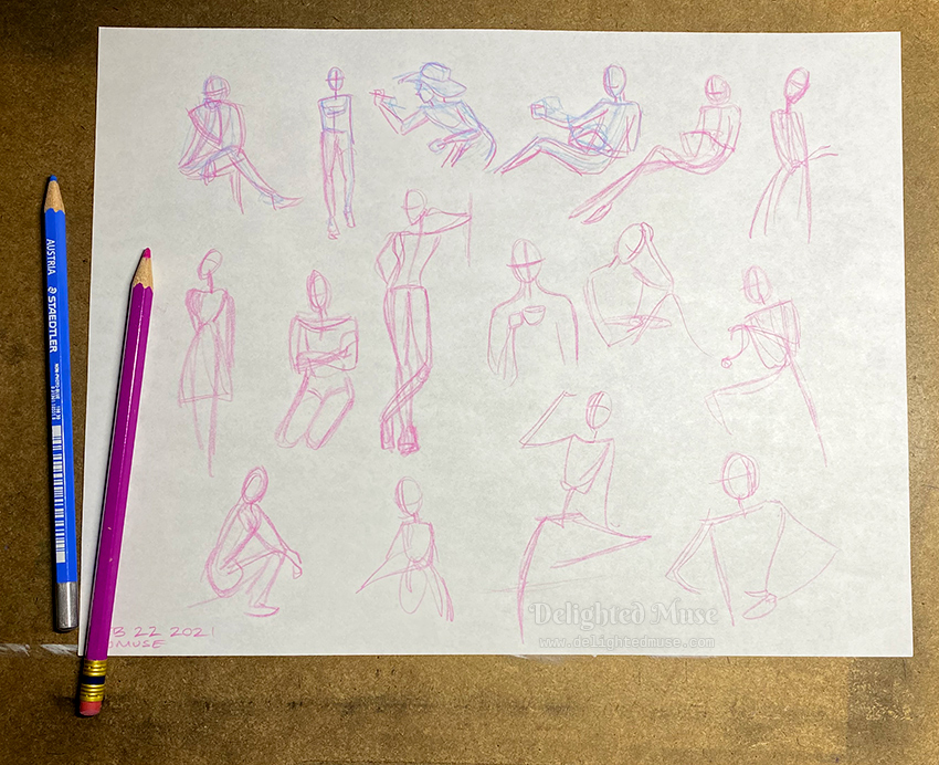 A sheet of white paper with figure gesture drawings in pink and blue pencil