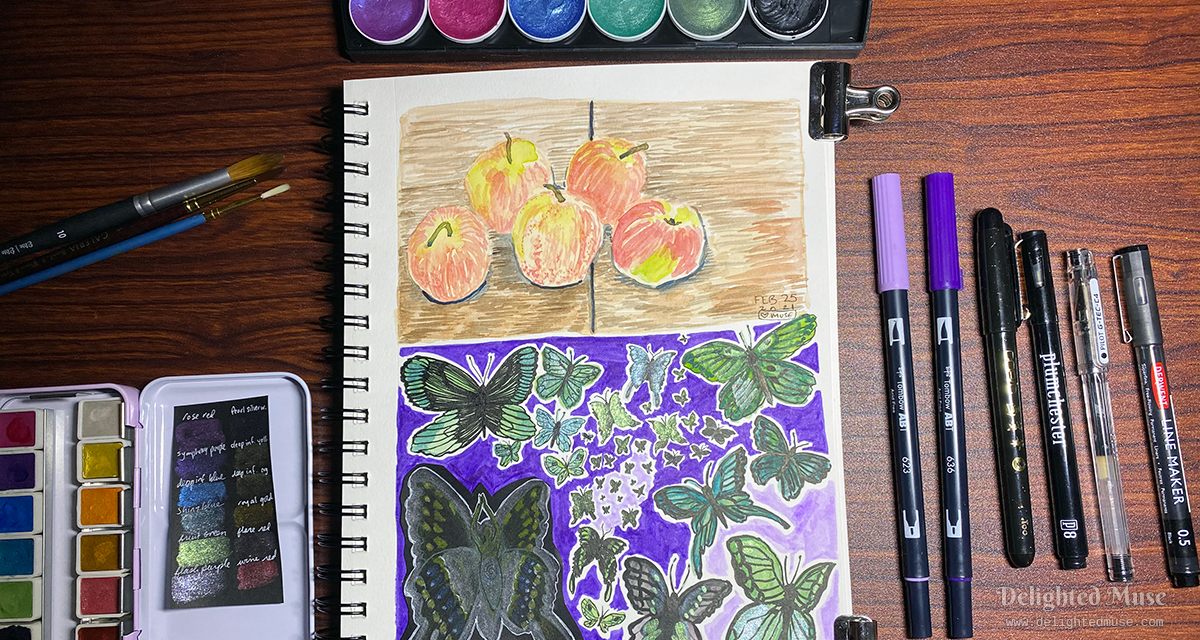 Sketchbook page with a watercolor painting of five apples on a wooden table. The second half the page contains painted butterflies in green and black.
