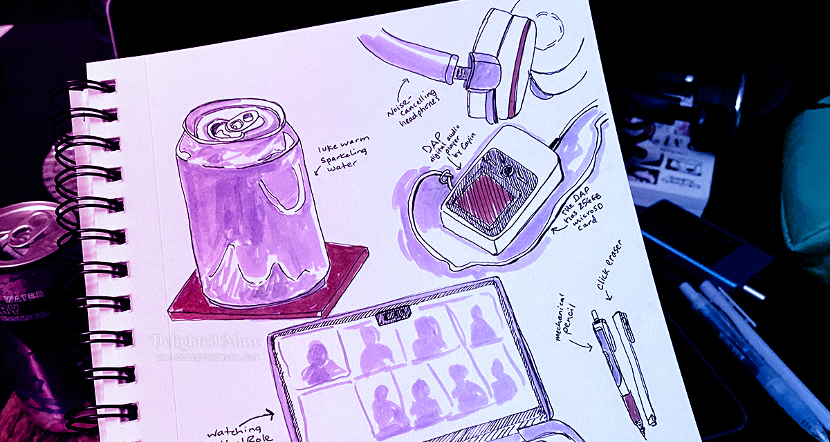 Sketchbook page with ink drawings of objects. Behind the sketchbook is a can of sparking water, a laptop, and a mechanical pencil and eraser.