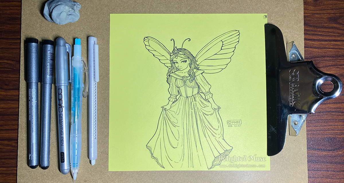 Linear ink drawing of a fairy woman in a long dress, curtsying. Pens are lined up next to the drawing.