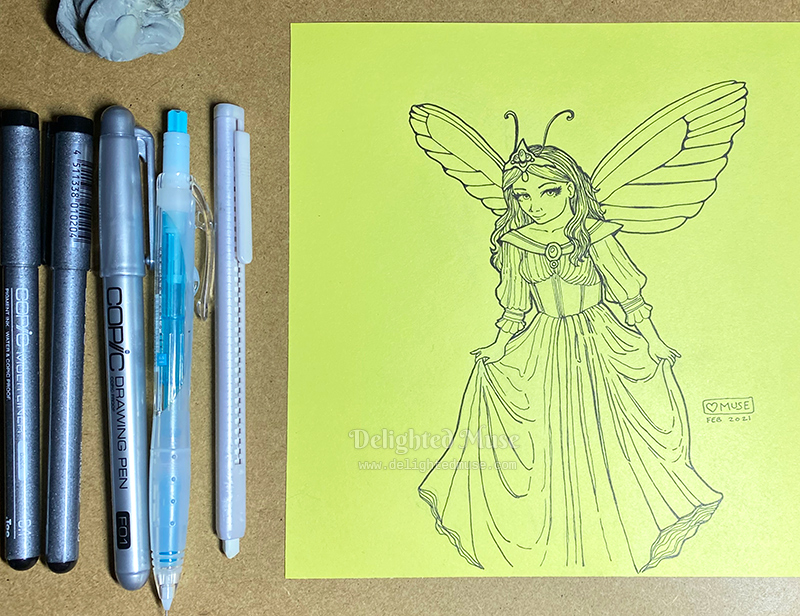 Linear ink drawing of a fairy woman in a long dress, curtsying. Pens are lined up next to the drawing.