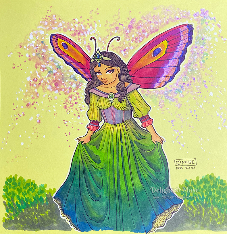 A marker and watercolor painting of a fairy in a green dress with pink wings. She is in a curtsey pose and smiling.