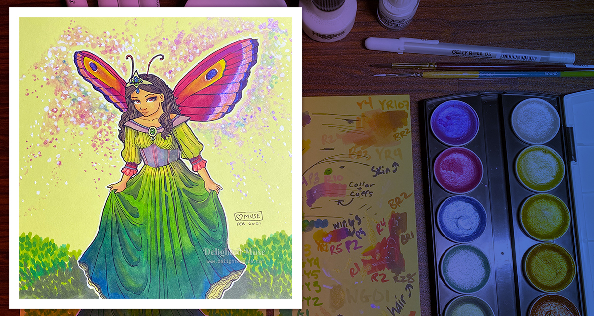 A drawing of a fairy curtseying, next to a scrap paper with test color swatches. A palette of iridescent watercolors is to the right. Above are markers and bottles of white ink.