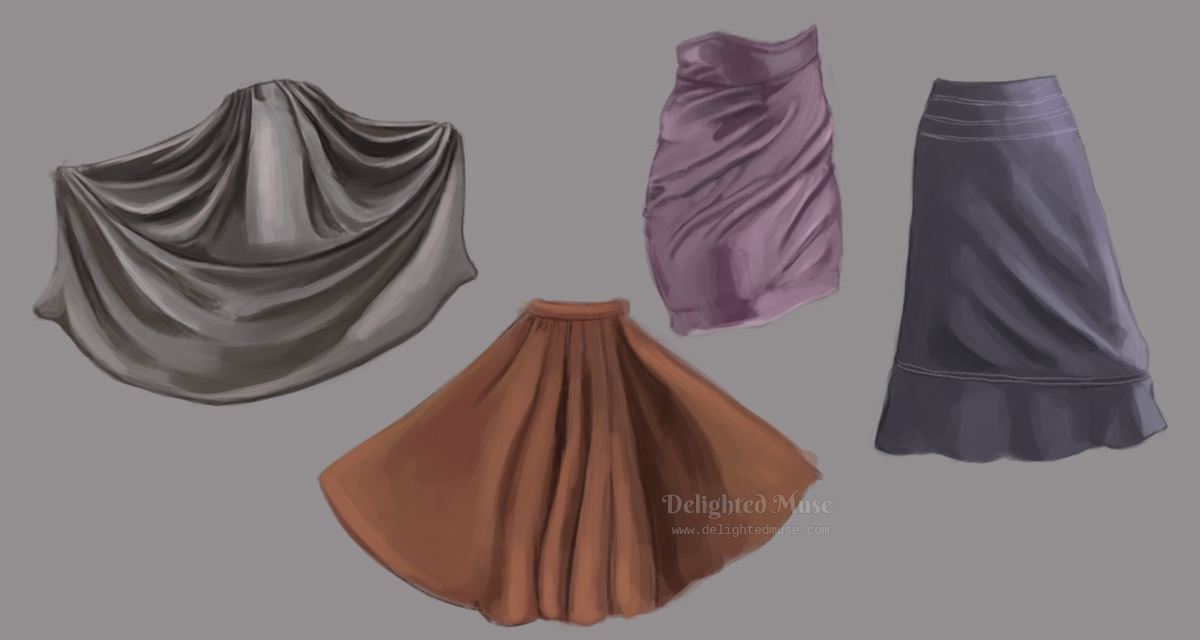 A digital painting of four skirts, with an emphasis on the light and shadow of the folds. Two are long pleated skirts, one an a-line skirt, and one a mini skirt