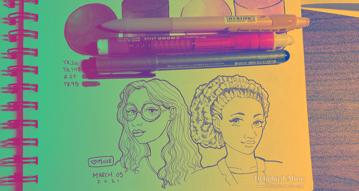 A sketchbook page with line art drawings of two female faces. There is a filter effect over the image making it green and yellow.