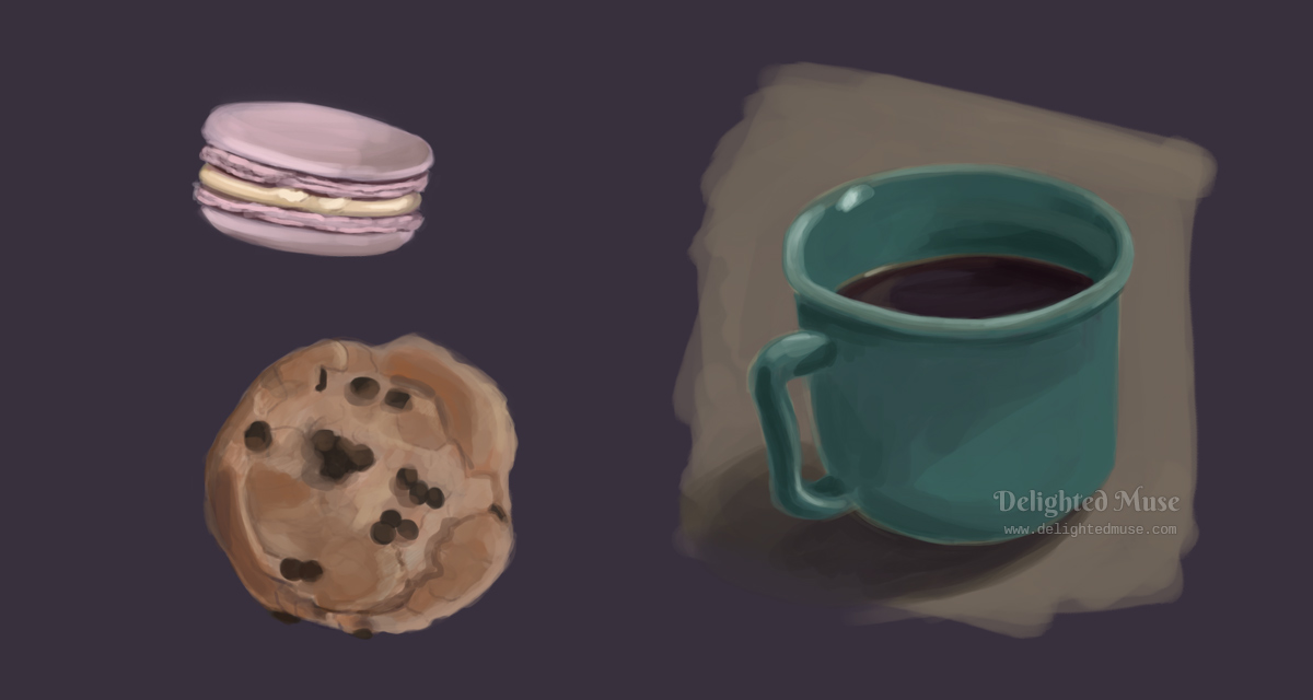 Digital painting of a coffee cup, macaroon, and chocolate chip cookie