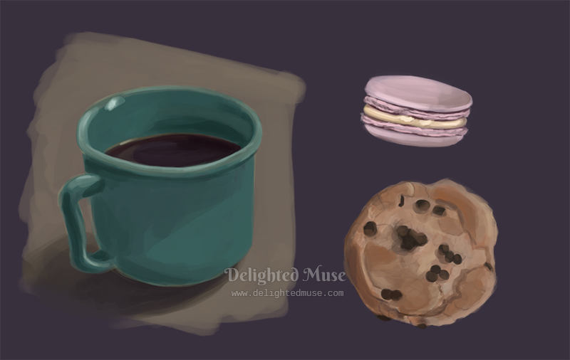 Digital painting of a coffee cup, macaroon, and chocolate chip cookie