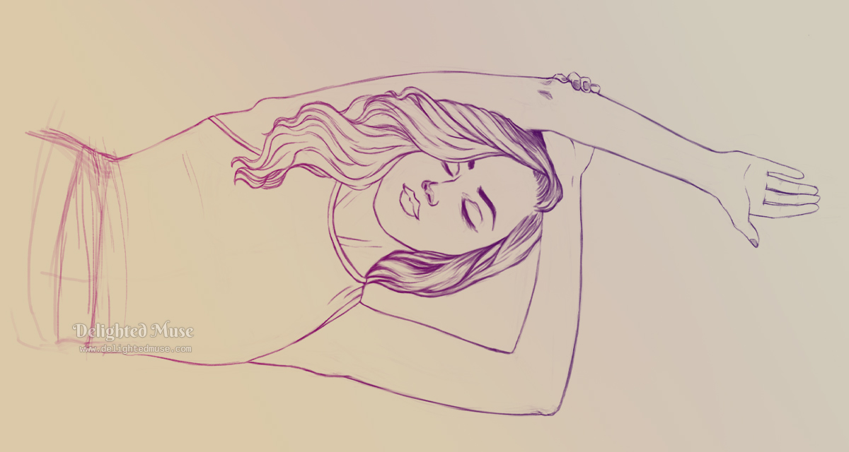 A linear sketch of a woman raising one arm with her eyes closed. The line art has a purple gradient applied and the background is peachy colored. The sketch is oriented horizontally, as if she is laying down.