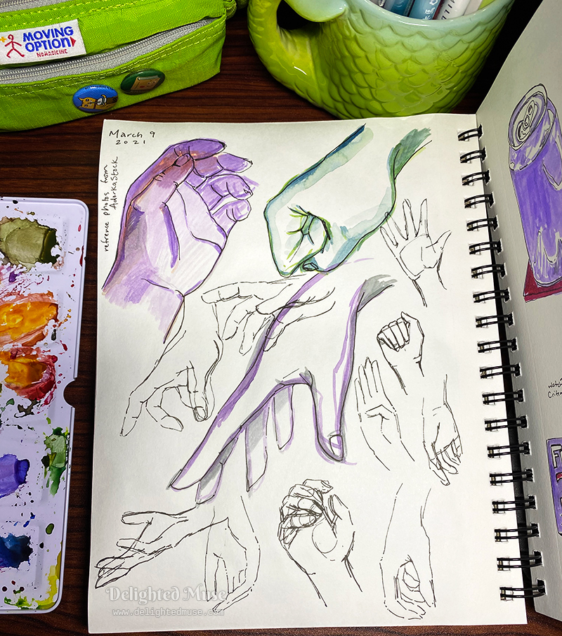 A sketchbook page with drawings of hands, most in ink outline, some with purple and green watercolor.