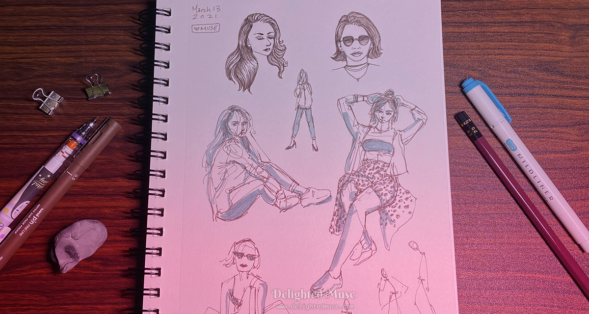 Sketchbook page with gesture drawings. Next to the sketchbook is a mechanical pencil, fine liner pen, 2b pencil, and a highlighter.