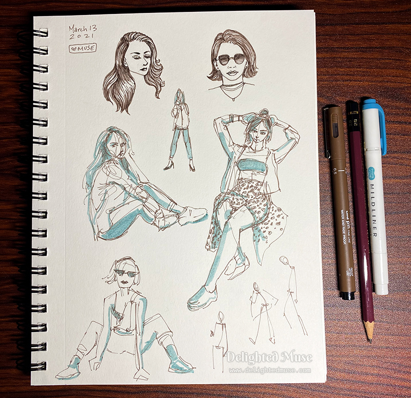 Sketchbook page with four rough gesture drawings of women and two studies of portraits.