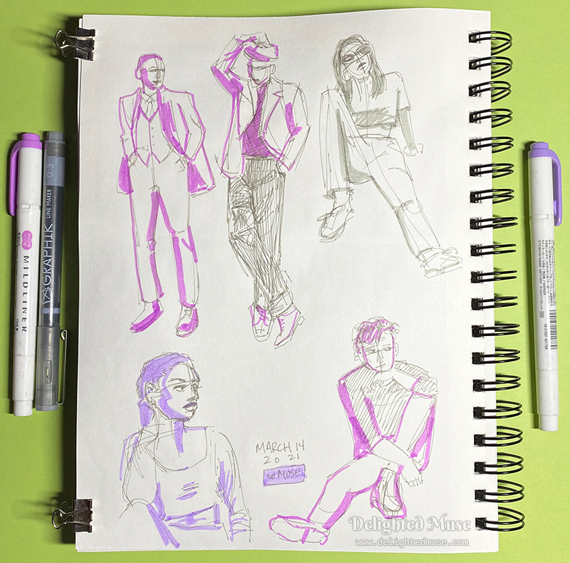 A sketchbook page with five figure sketches on it, drawn in grey fine liner with purple highlighter shadows.
