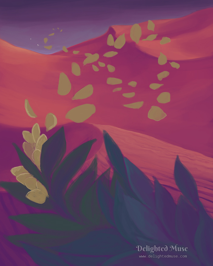 Digital painting of sand dunes and a flower with petals scattering in the wind away from the viewer.