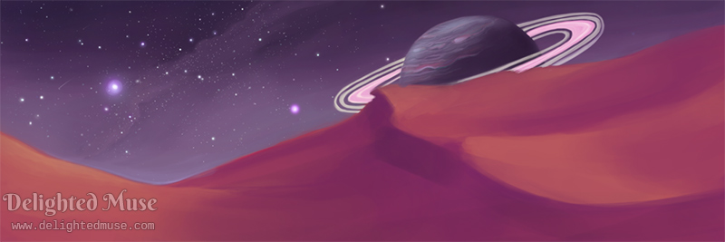 A digital painting of a starry night sky with a Saturn-like planet on the horizon. The landscape is orange and pink sand dunes.