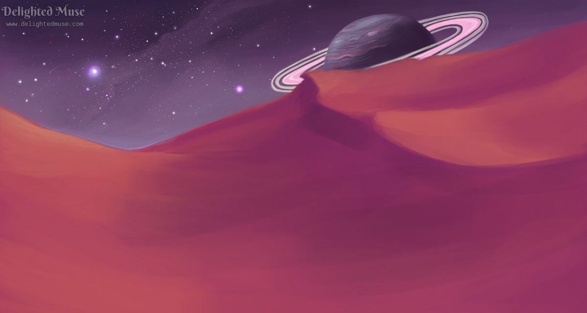 A digital painting of a starry night sky with a Saturn-like planet on the horizon. The landscape is orange and pink sand dunes.