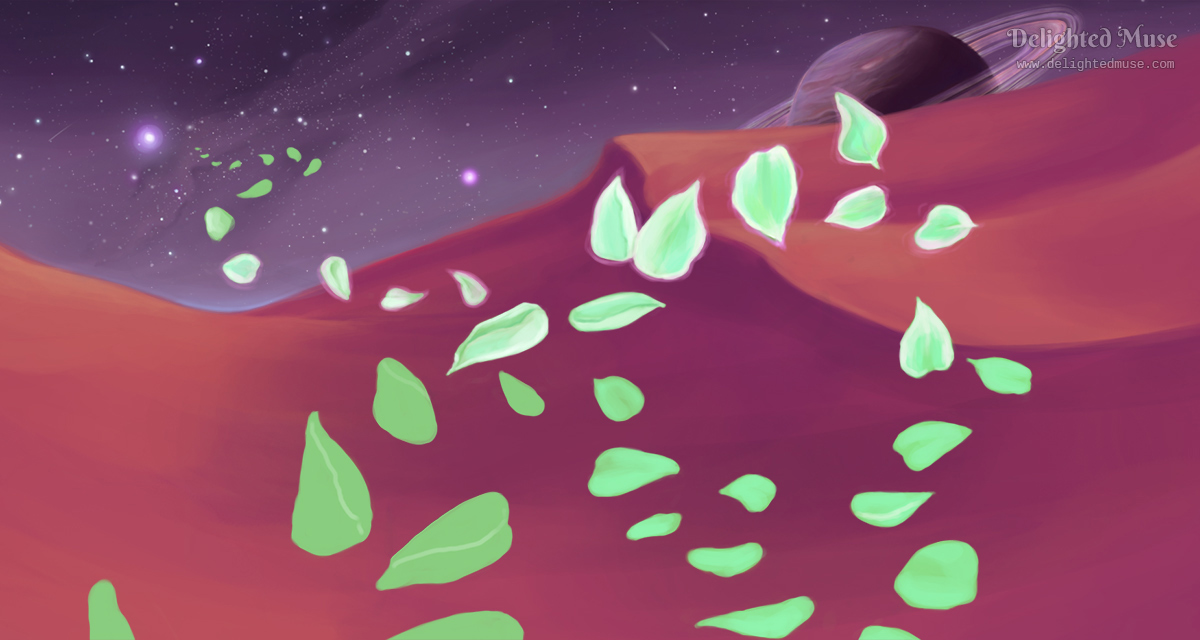 An unfinished digital painting of glowing flower petals in front of sandy dunes and a starry night sky of an alien planet. A planet with rings is visible just above the horizon.