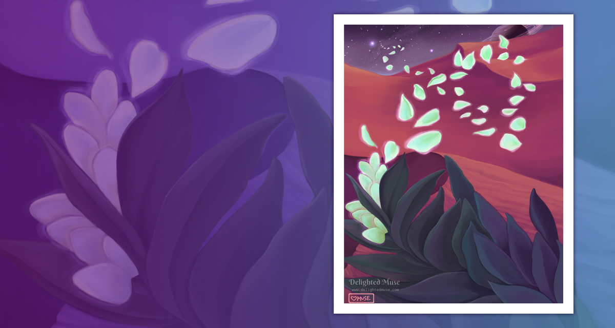 Digital painting of a large plant againt an alien landscape of sand dunes and stars.