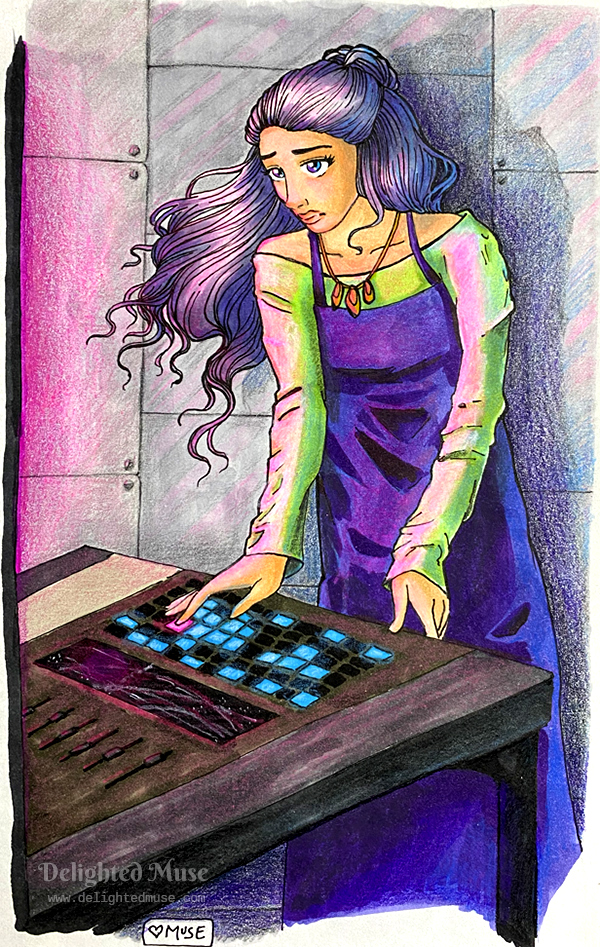 Drawing of a woman looking at a display above a control panel. The display is unseen, but glowing pink. The woman looks concerned.