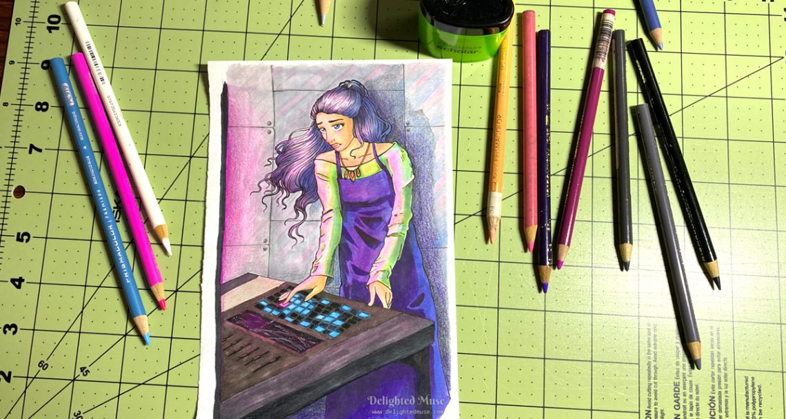 Drawing of a woman at a control screen. The drawing is on a green, self-healing cutting mat, with prismacolor pencils to the left and right, and a pencil sharper sitting above the drawing.