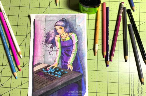Drawing of a woman at a control screen. The drawing is on a green, self-healing cutting mat, with prismacolor pencils to the left and right, and a pencil sharper sitting above the drawing.