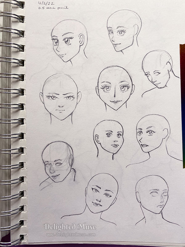 Sketchbook page of rough sketches of faces