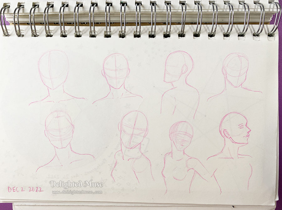 Sketchbook page of rough sketches of heads, necks, and shoulders