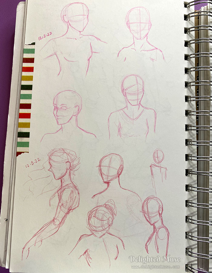 Sketchbook page of rough sketches of figure in pink and red colored pencil.