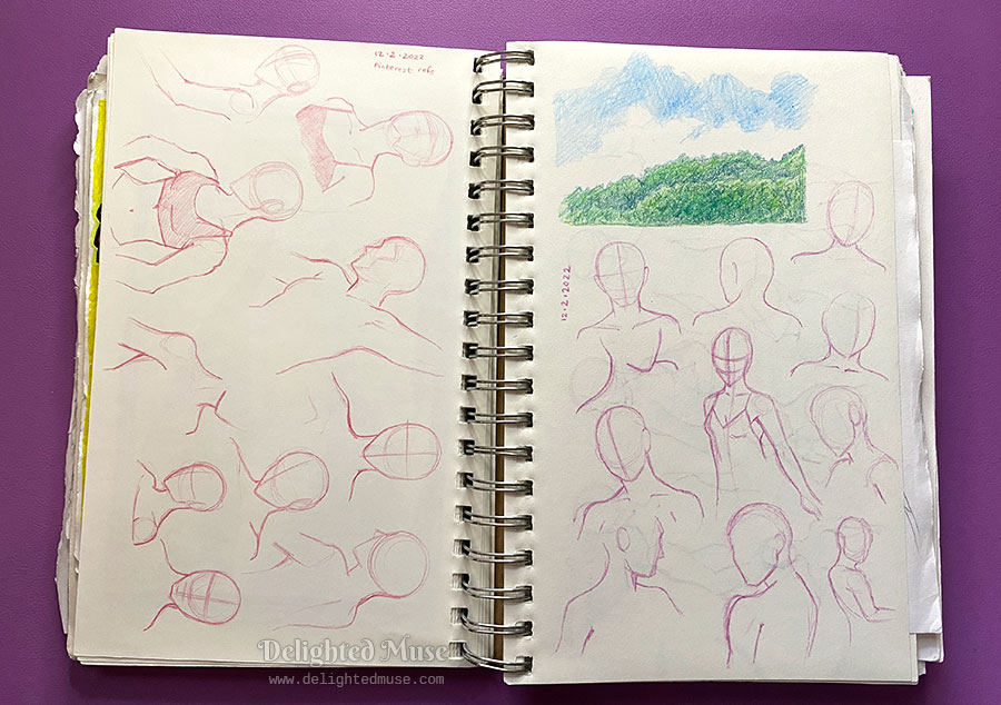 Sketchbook page of rough sketches of figures in red and purple colored pencil, as well as a colored pencil landscape study of trees and a blue sky.