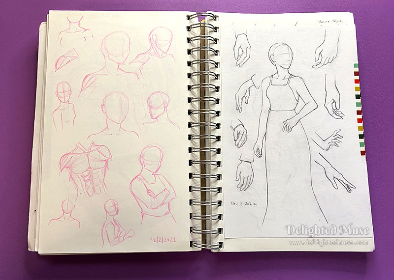 Sketchbook page of rough sketches of figures in pink colored pencil, hand studies in graphite pencil, and a rough full body sketch of a woman in a dress.