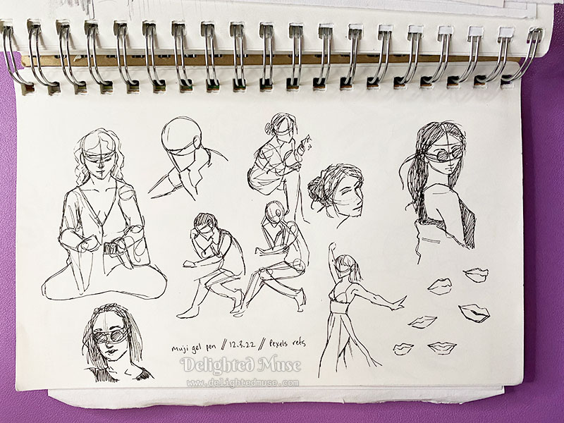 Sketchbook page of rough sketches of figures in black gel pen