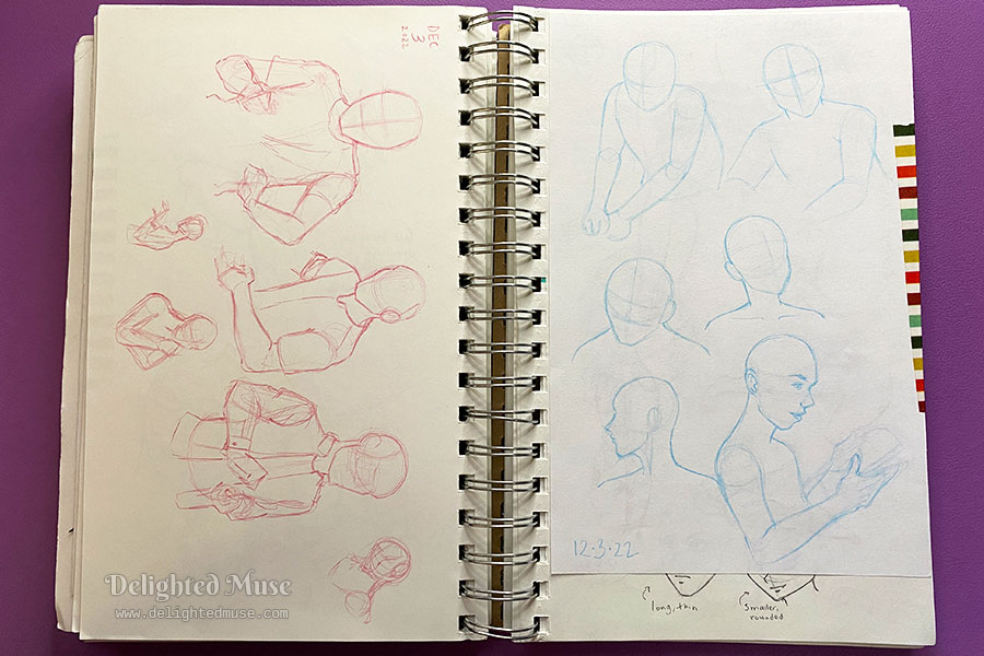 Sketchbook page of rough sketches of figure in red and blue colored pencil