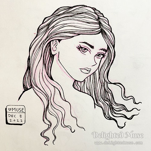 Sketch of a woman with wavy hair in black fine liner pen.