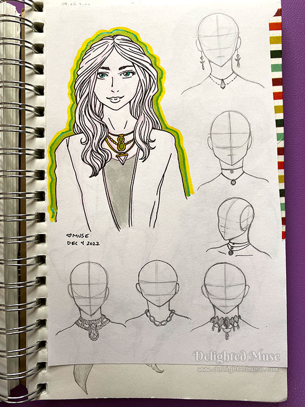 Sketchbook page of rough sketches of necklace designs on figures, and a woman wearing a suit and several necklaces.