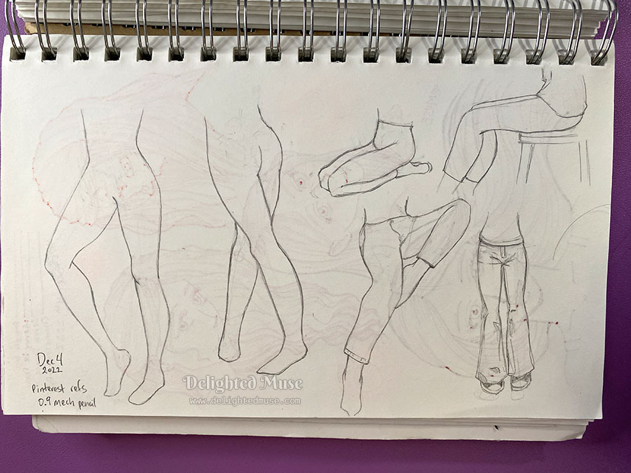 Sketchbook page of rough sketches of legs, done in mechanical pencil.