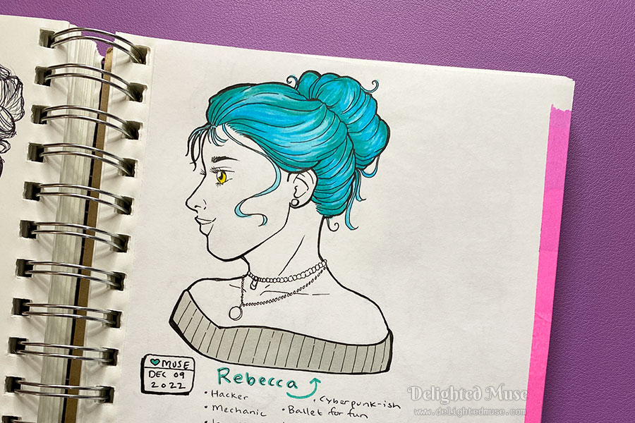 A sketch of a woman in profile with blue hair, gold eyes, and a bun hairstyle, with the OC name Rebecca.