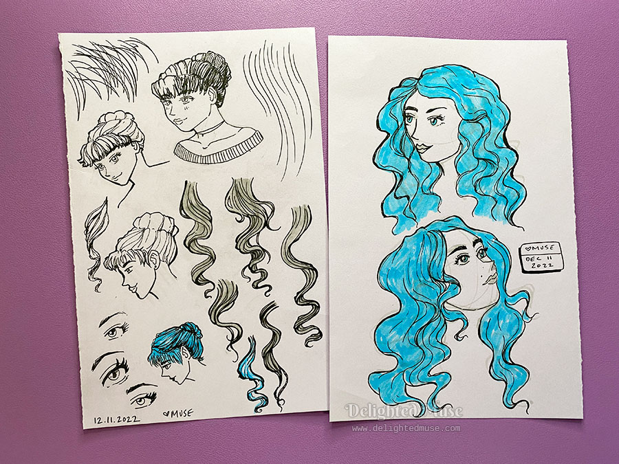 Two pieces of paper with sketches on a purple background. The sketches are of curly hair, a woman with blue curly hair in two poses, and sketches of women with bangs.