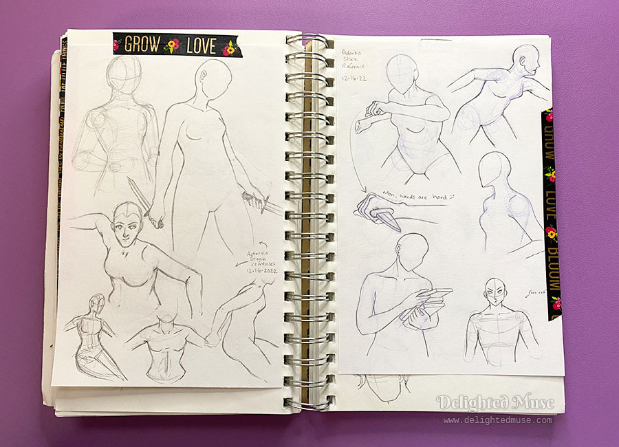 A sketchbook spread of figure poses, with some figures holding daggers.
