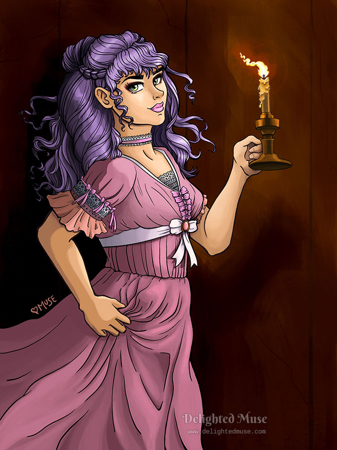 A digital painting of my original character Ianthenna. A woman with pale skin, purple curly hair in a braid and half bun, and green eyes. She is wearing a pink evening dress with lace and ribbon details, and she is holding a candle stick while walking in a dark hallway.