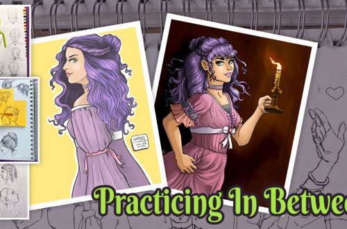 A collage of sketchbook drawings of women with wavy and curly hair, and two digital paintings of the same character with long wavy, purple hair. The text Practicing in Between is on top of the collage.