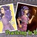 A collage of sketchbook drawings of women with wavy and curly hair, and two digital paintings of the same character with long wavy, purple hair. The text Practicing in Between is on top of the collage.